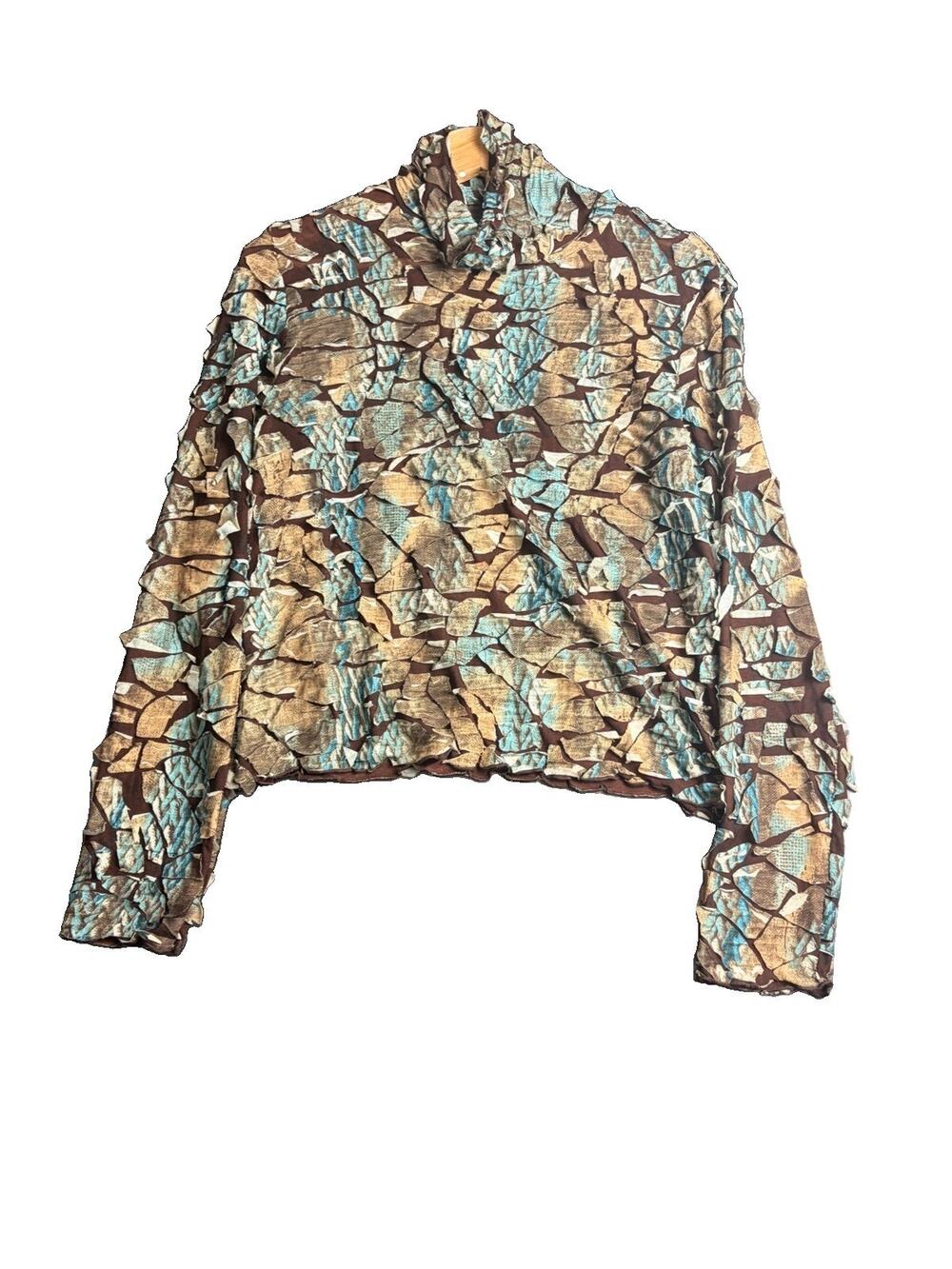 VTG Sno Skins Top Women’s L Brown Turquoise Textured Mesh Mock Neck Art To Wear